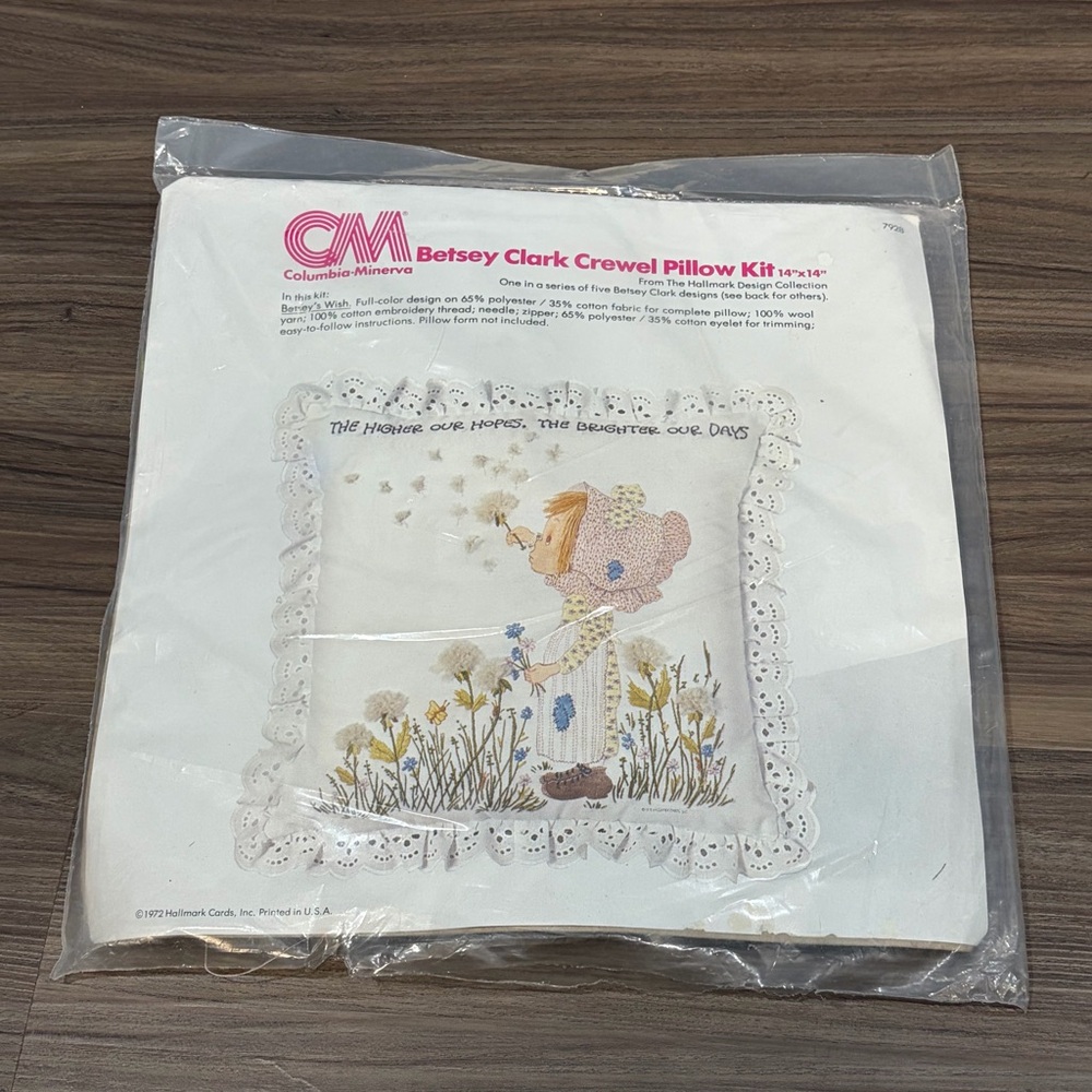 Vintage 1972 Hallmark Betsey Clark Crewel Pillow Kit Betsey's Wish New Open Pack